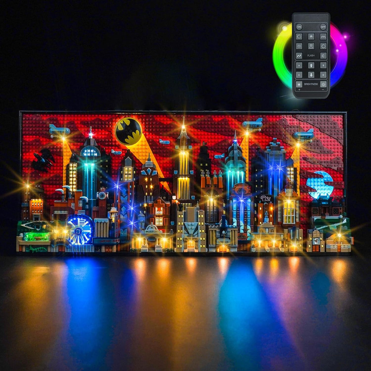 Dark gothic city skyline brick model lit with LED lights at night