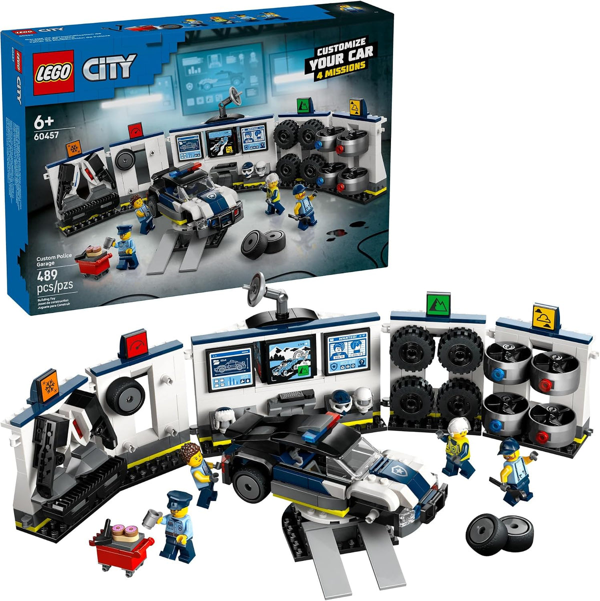 Police customization garage brick set with ramp, tire racks and modified police car