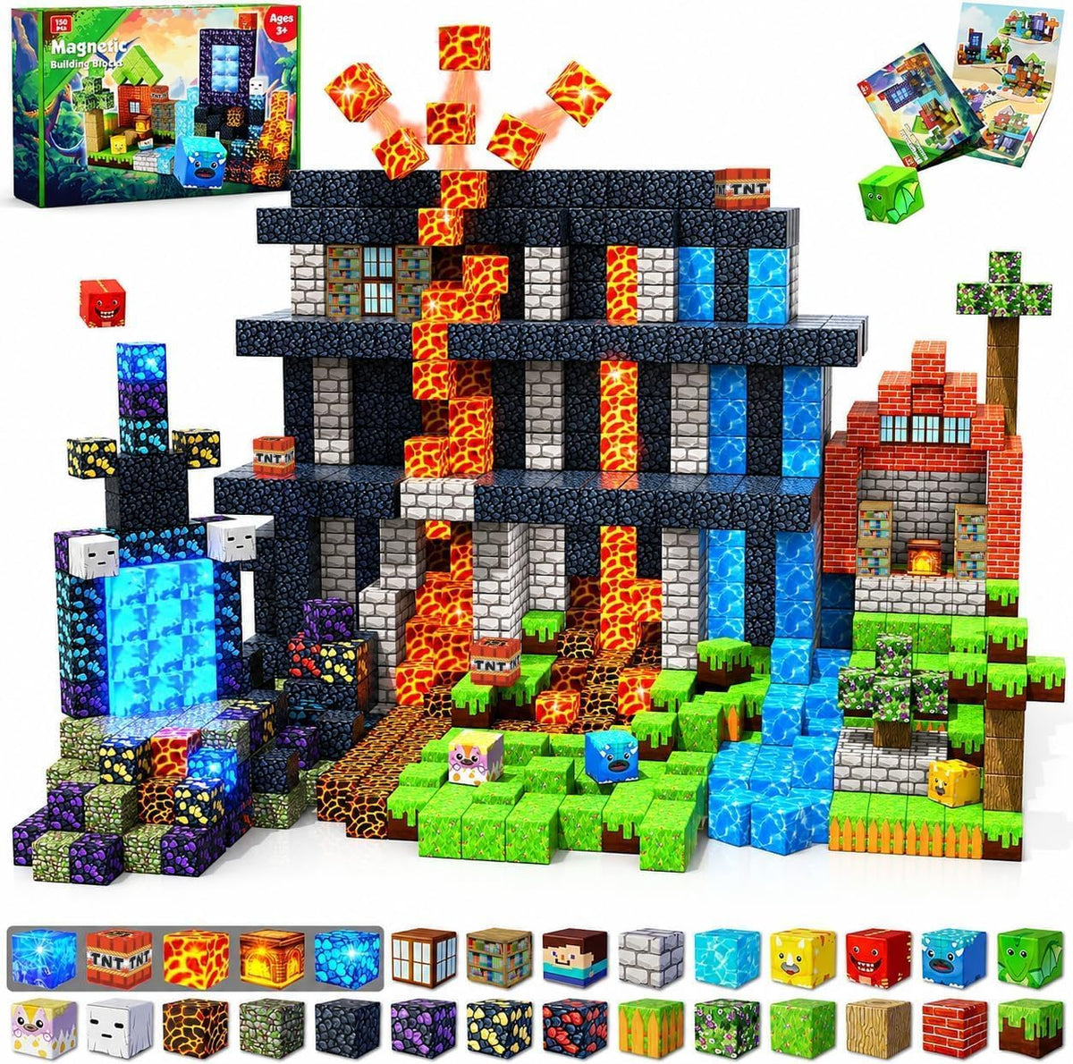 Magnetic cube forest castle with dinosaurs and a glowing orange volcano – view 8