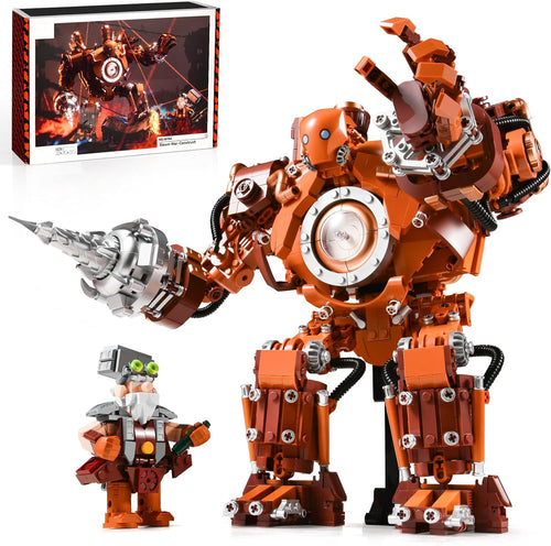 Brick-built orange and silver steampunk mech robot with exposed gears