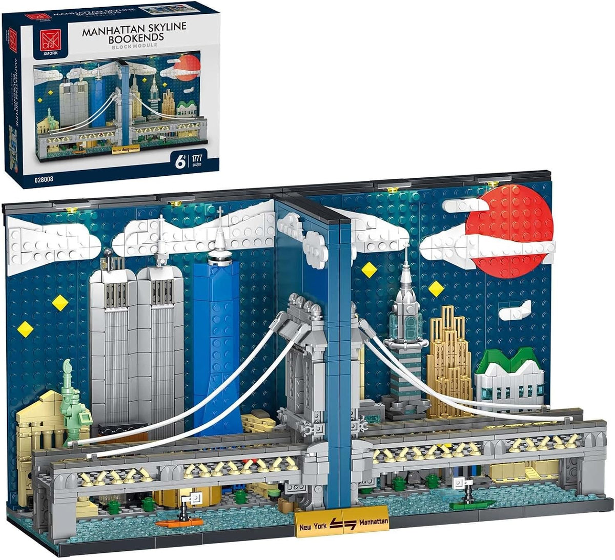 Brick-built Manhattan skyline bookend lit by LED lights holding books
