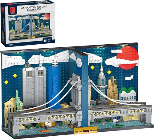 Brick-built Manhattan skyline bookend lit by LED lights holding books