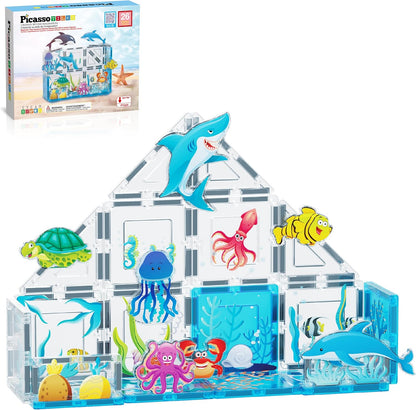 Colorful magnetic tiles built into an enclosure with safari animal figures – view 7