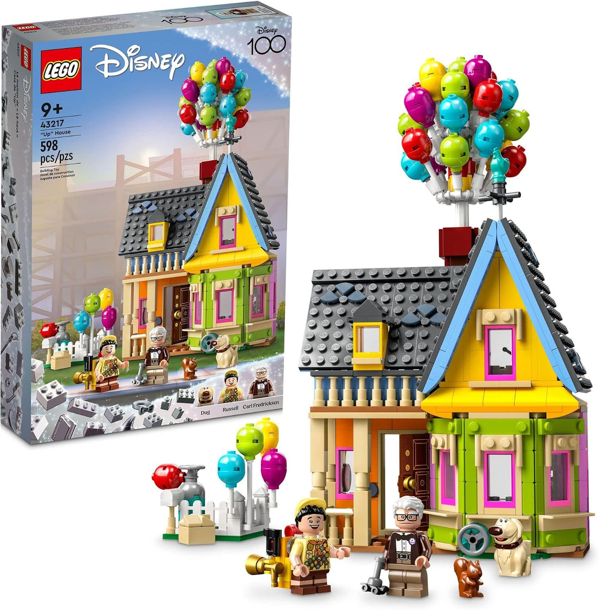Brick-built house with porch lifted by a cluster of colorful balloons