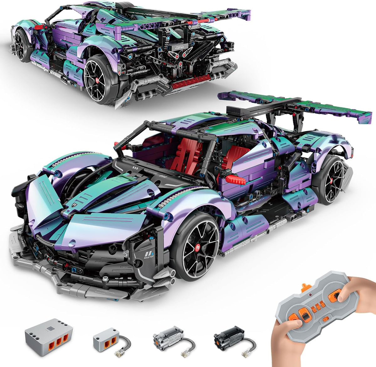 Technical-style brick sports car with low body and wide wheels