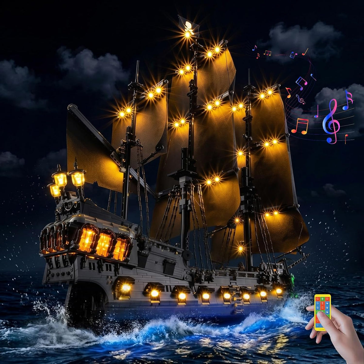 Phantom pirate ship brick model glowing with green, amber and blue LED lights – view 2