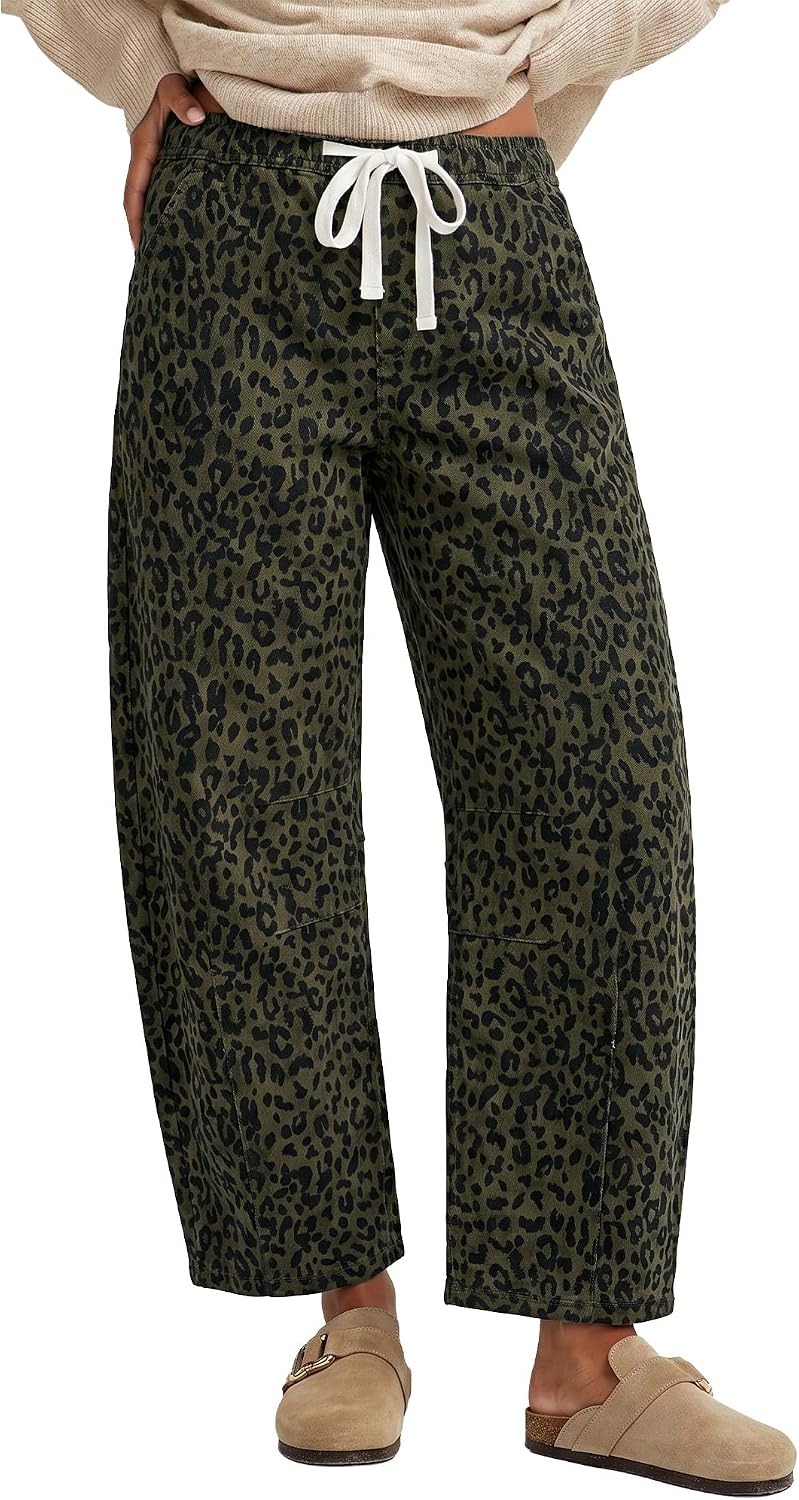 Women's Leopard Print Barrel Jeans - High Waisted Pull On Cropped Wide Leg Stretch Denim for Autumn - Small (7)
