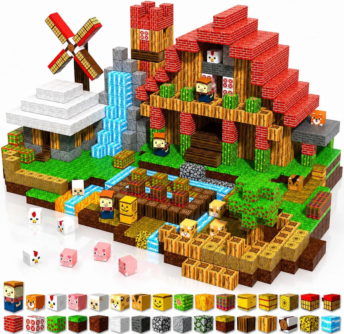 Magnetic cube forest castle with dinosaurs and a glowing orange volcano – view 2