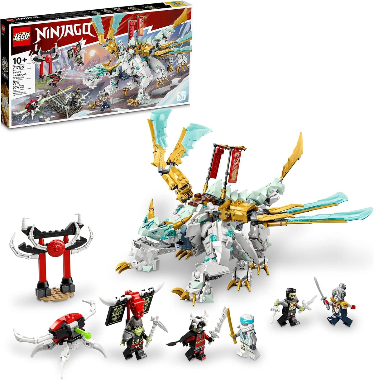 Brick-built ice dragon creature with warrior and skeleton figures