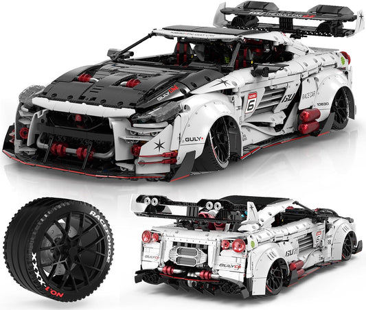 Large 1:8 scale brick supercar with low body, rear wing and wide racing tires