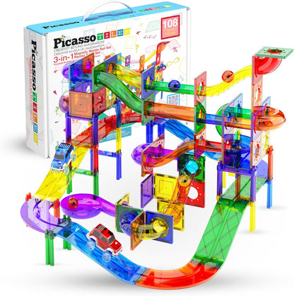 Colorful magnetic tile marble run tower with ramps and two glowing toy cars