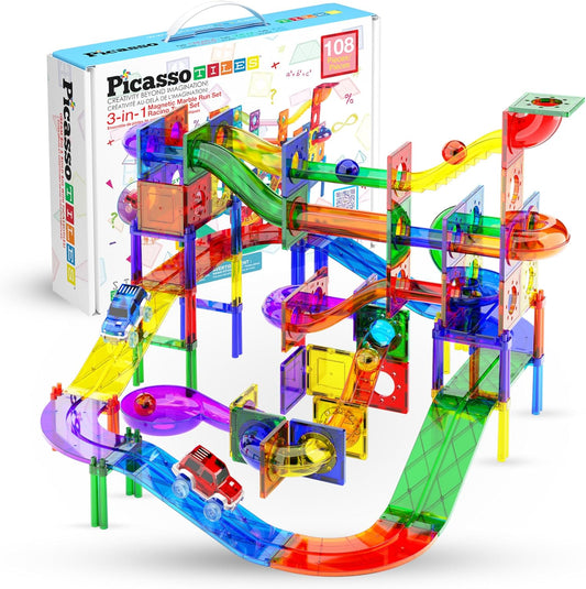 Colorful magnetic tile marble run tower with ramps and two glowing toy cars