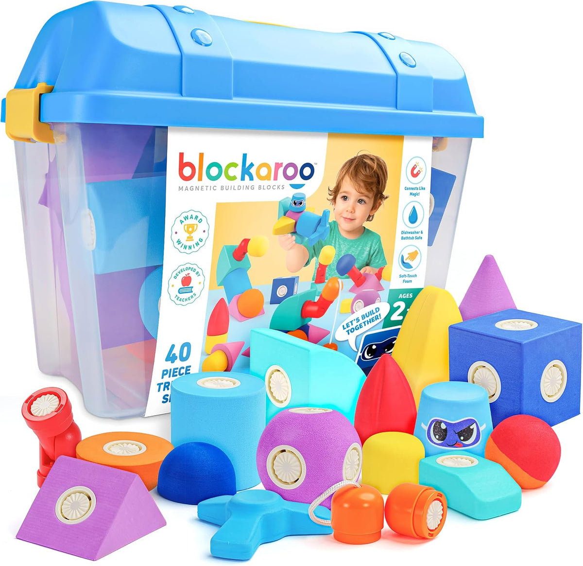 Soft colorful magnetic foam blocks connected into a small tower beside a storage chest – view 3