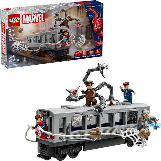Brick subway train car held by a large web with a hero and tentacled villain
