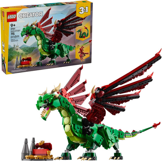 Brick-built medieval dragon with large wings spread in a posed stance