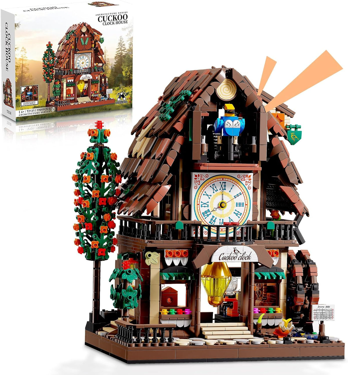 Brick-built cuckoo clock house model on a shelf