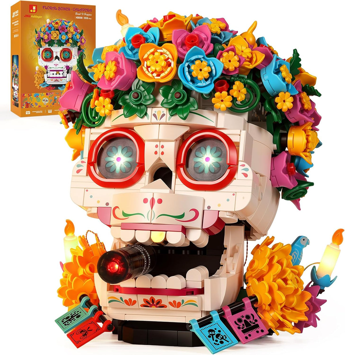 Brick-built sugar skull calavera surrounded by colorful flowers with glowing lights