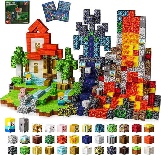 Multicolor small magnetic cubes stacked into shapes beside a storage bag