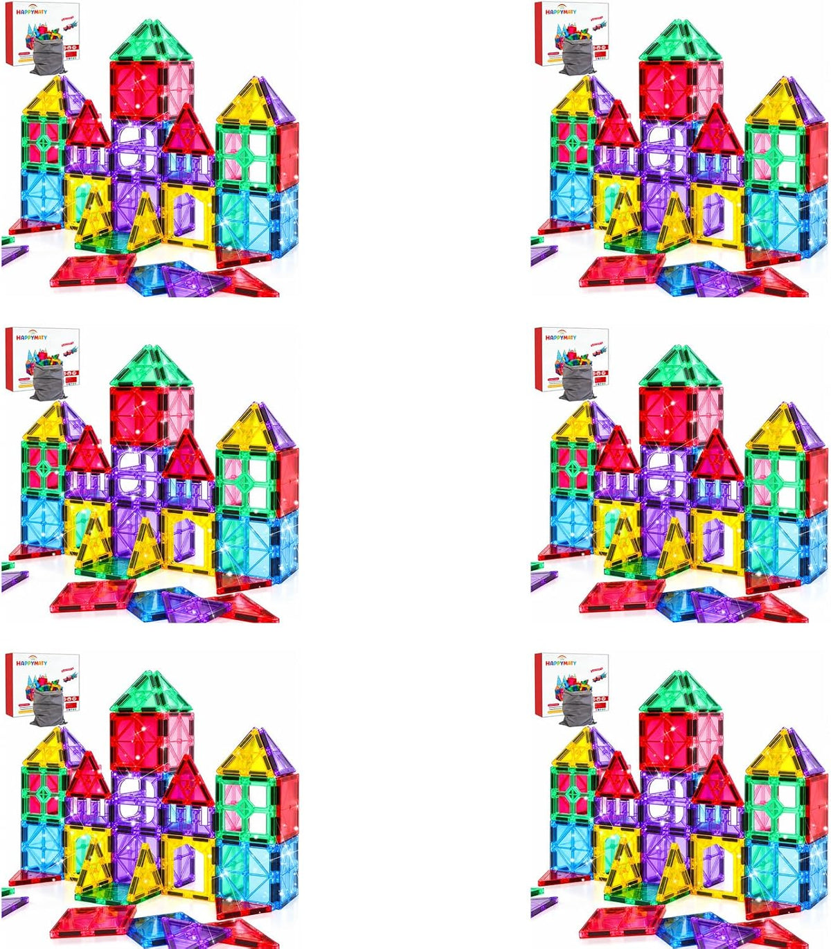 Colorful magnetic tiles built into 3D towers and houses