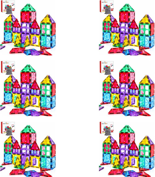 Colorful magnetic tiles built into 3D towers and houses