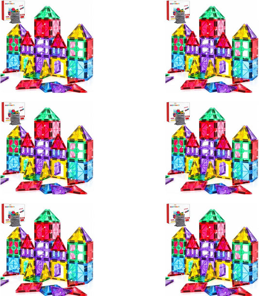 Colorful magnetic tiles built into 3D towers and houses