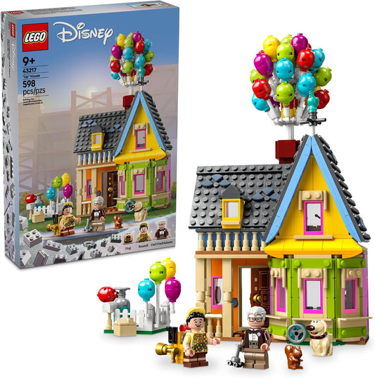 Colorful brick house with porch floating beneath a bundle of rainbow balloons