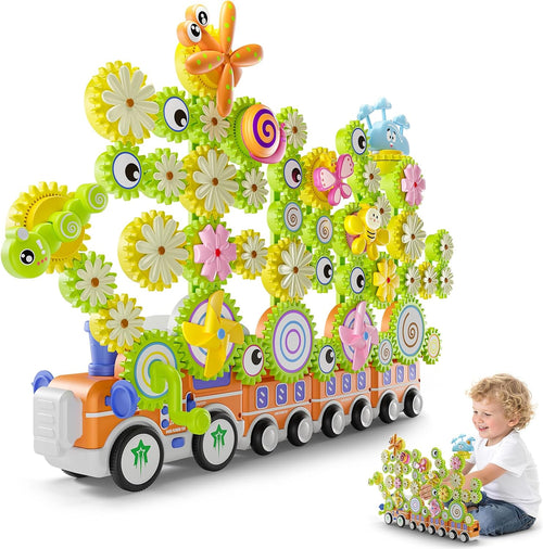 Colorful plastic gear building set forming a flower and a train