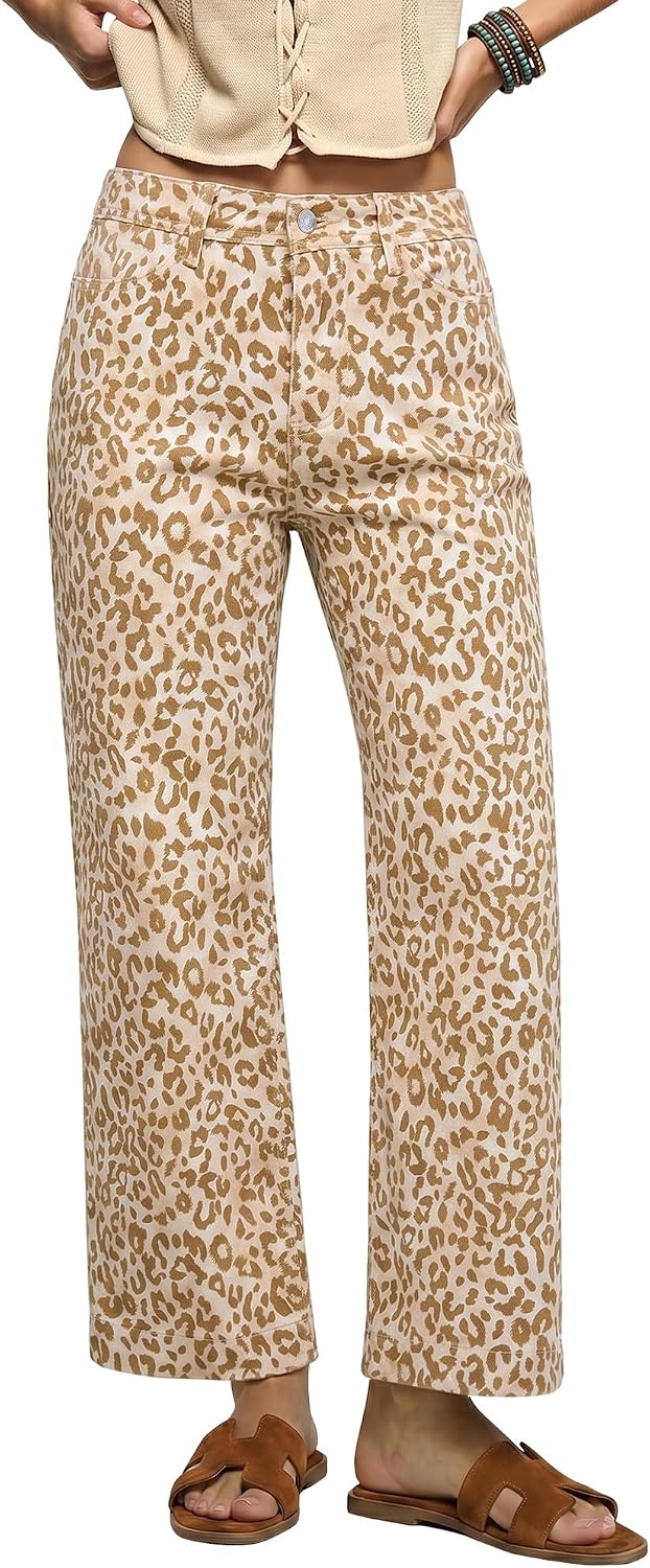Women's Leopard Print Wide Leg Jeans - Ankle Length Stretch Denim with a High Waist for Fall Outfits - Small
