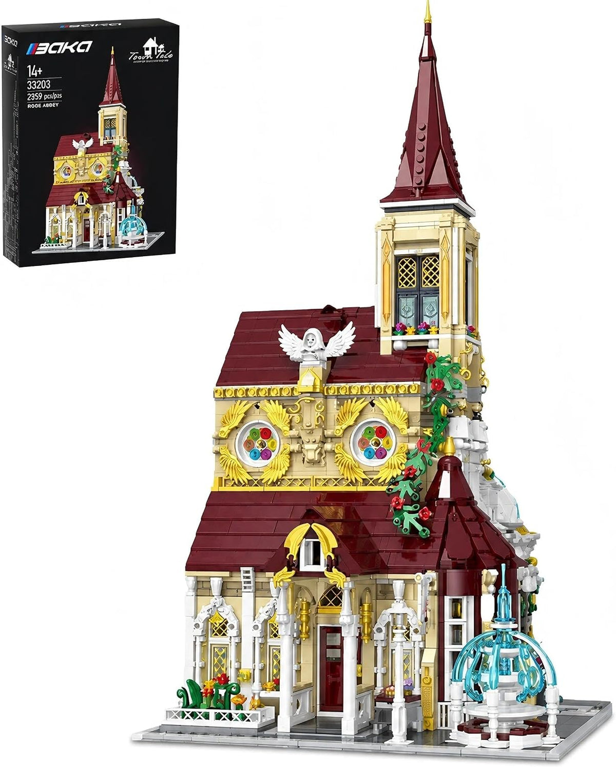 Brick-built European abbey with stained glass windows and fountain