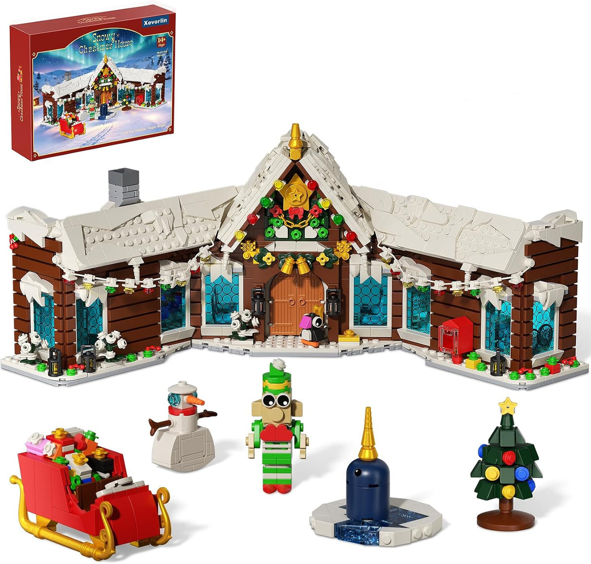 Brick-built snow-covered winter village house with white rooftop
