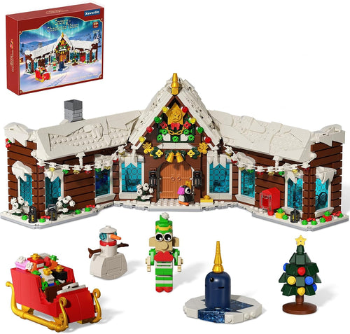 Brick-built snow-covered winter village house with white rooftop