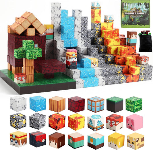 Colorful magnetic building cubes stacked into towers
