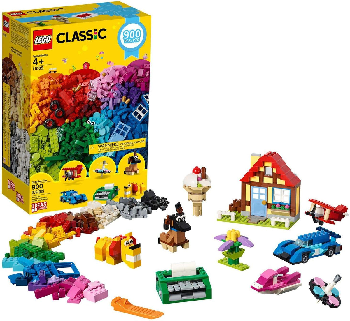 Assorted colorful bricks with wheels, eyes and windows plus small built models