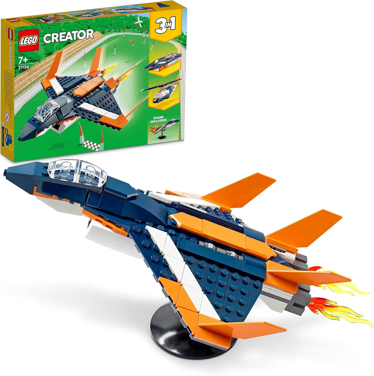 Brick-built blue and white supersonic jet with a helicopter and speed boat rebuild