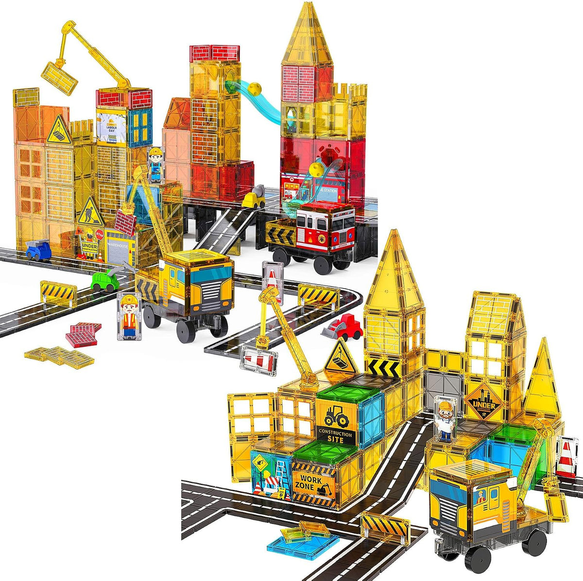 Magnetic tile tower with construction crane and marble run track