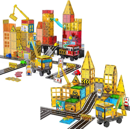 Magnetic tile tower with construction crane and marble run track