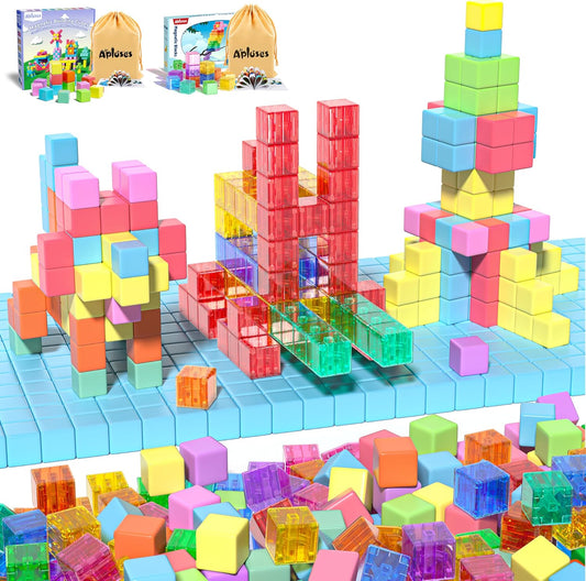 Colorful magnetic cubes snapped together into a small tower and animal shape