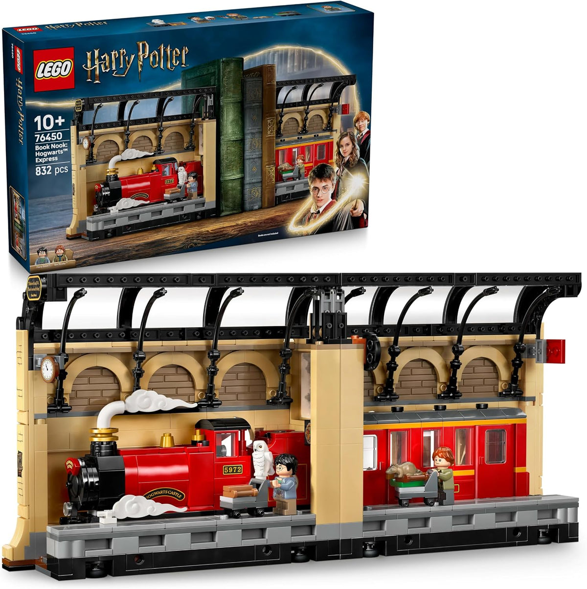 Brick-built steam express train book stand holding books with figures