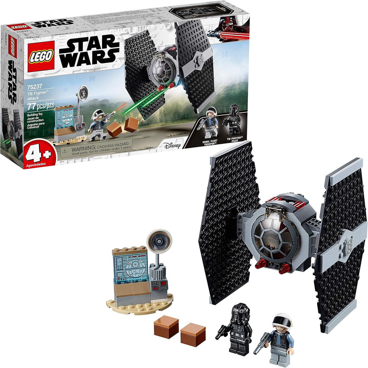 Gray brick-built space fighter with hexagonal wings beside a small command station