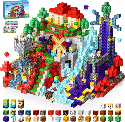 Colorful magnetic cubes stacked into towers and small structures