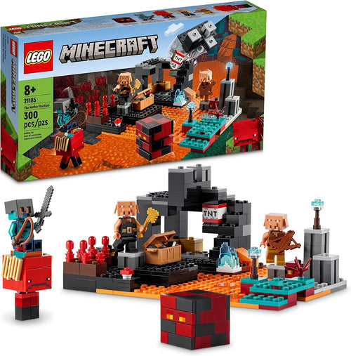 Brick-built fiery underworld fortress with creature figures and lever-triggered explosive block