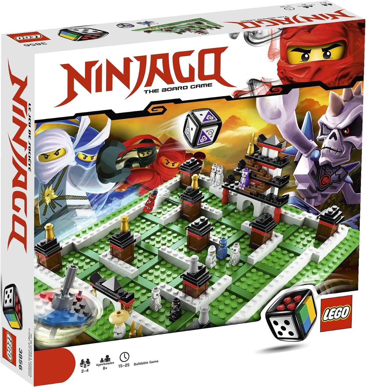 Brick-built ninja fortress game board with microfigures and buildable die