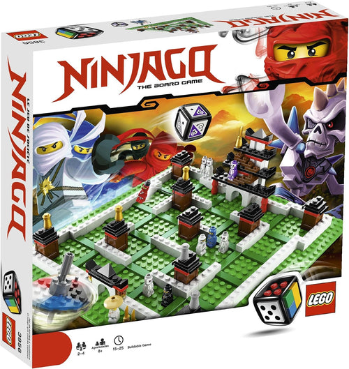 Brick-built ninja fortress game board with microfigures and buildable die