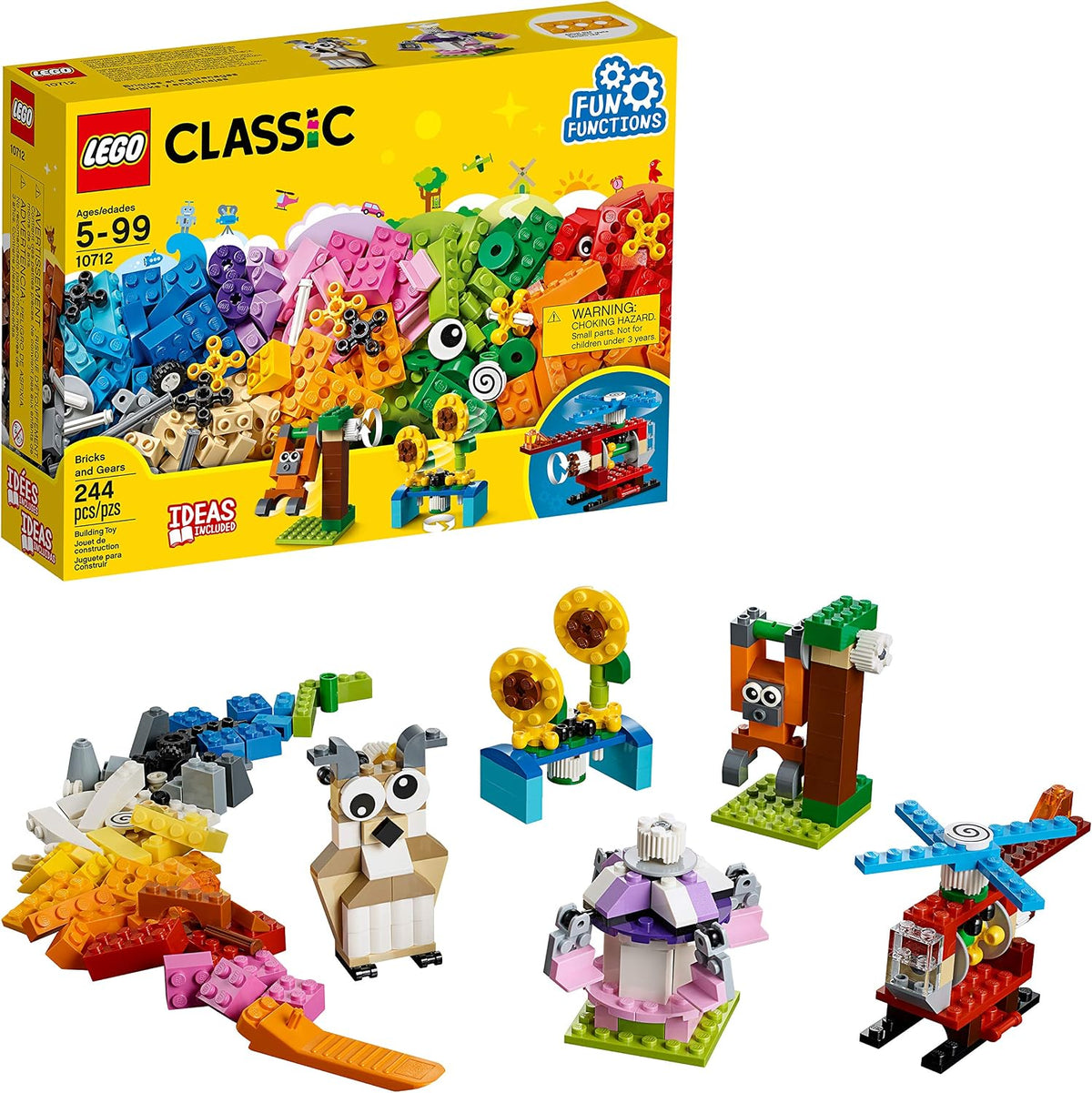 Brick-built helicopter and owl models with colorful gears and axles