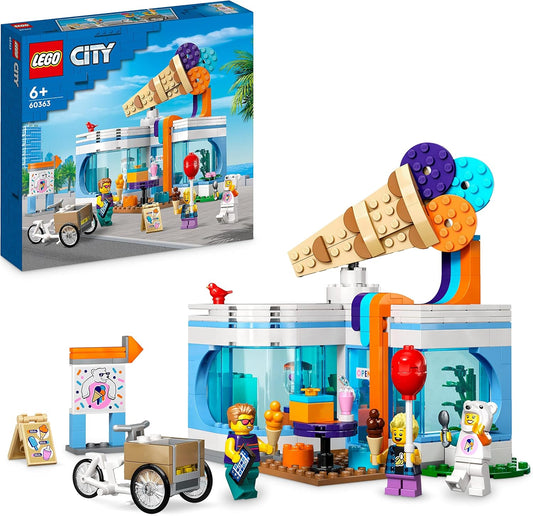 Pastel brick ice cream shop with cargo bike and three minifigures