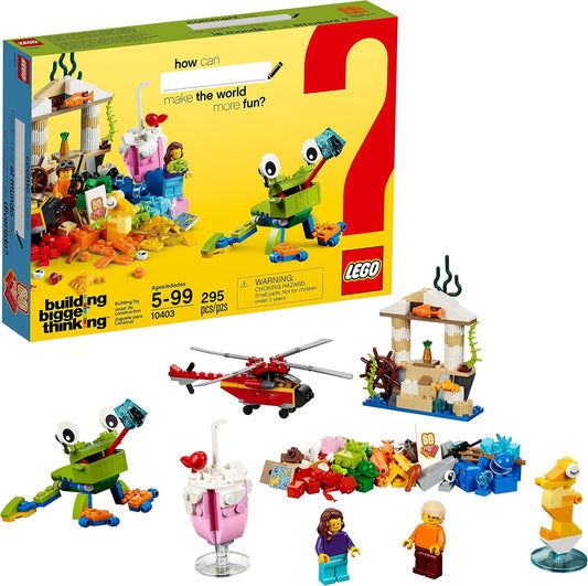 Colorful bricks, wheels and eyes with a small helicopter and seahorse built