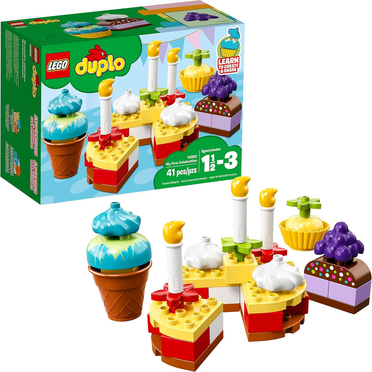 Large toddler bricks built into a colorful layer cake and three small cakes