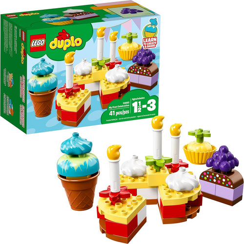 Large toddler bricks built into a colorful layer cake and three small cakes