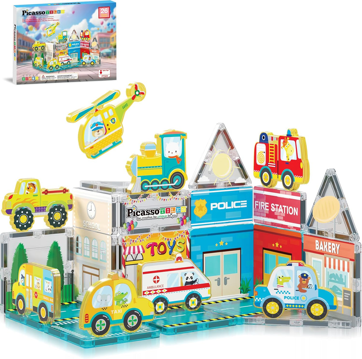 Colorful magnetic tiles built into an enclosure with safari animal figures – view 4