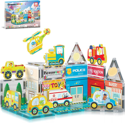 Colorful magnetic tiles built into an enclosure with safari animal figures – view 4